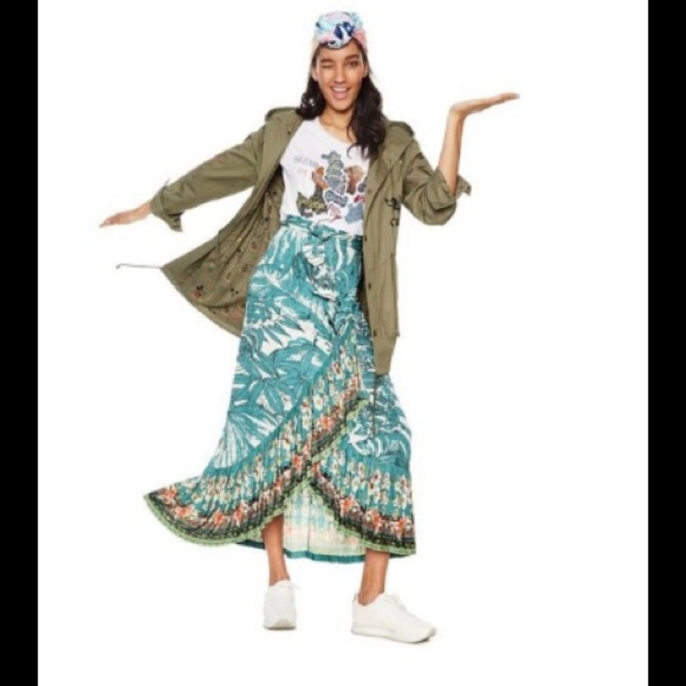 New Desigual M Eryx Wrap Maxi Long Skirt Tropical Floral Cruise Ruffles Green